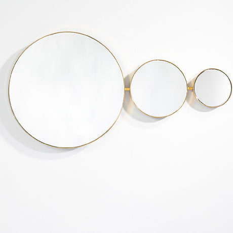 Opera Three Circle Gold Rimmed Wall Mirror 119cm shown in a horizontal arrangement of three joined round mirrors in decreasing size with thin gold frames, set against a plain white background.