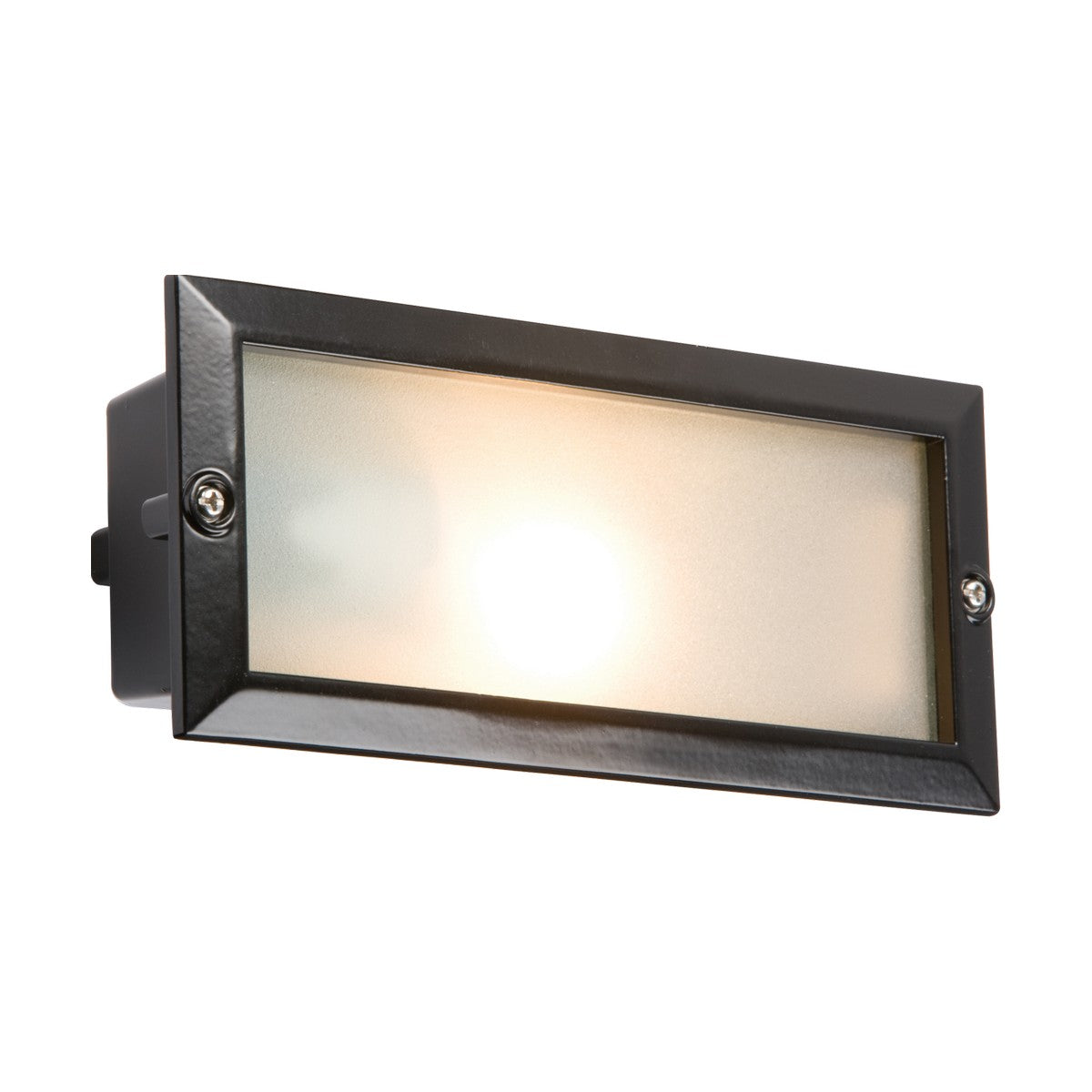 The E27 Bricklight With Plain And Louvred Black Cover is a rectangular light fixture mounted on a surface. It features an E27 aluminium base and emits a warm, soft glow through its frosted glass cover, which is secured with screws at the corners.
