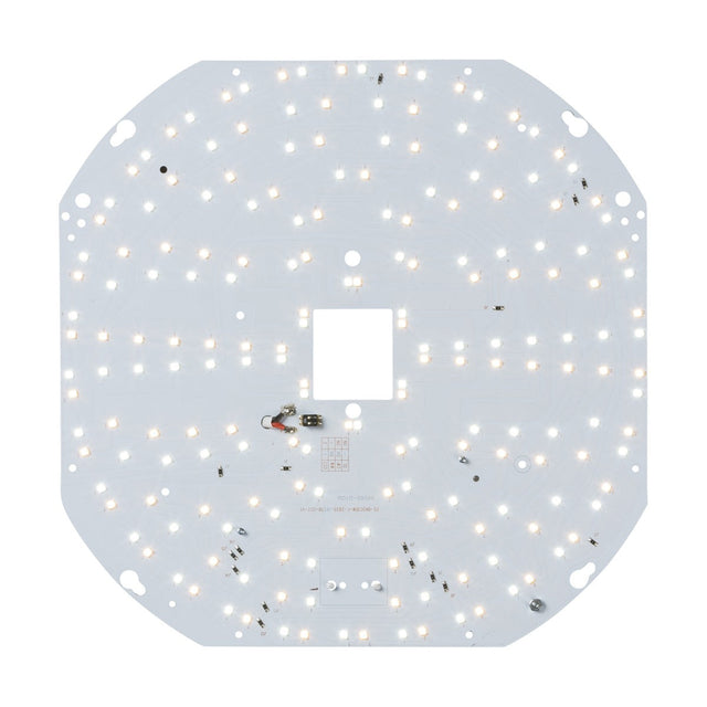 The 18W CCT LED Gear Tray showcases a circuit board with numerous small LEDs arranged in concentric circles, featuring a central square cutout and various attached electronic components for adjustable CCT functionality, all set against a white background.