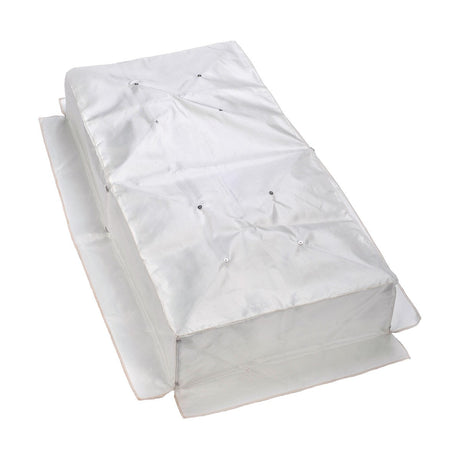 The Fire Hood, a collapsible structure covered in white fabric, features a rectangular shape and button details on top. Its side panels extend outward, providing a protective cover or tent designed with intumescent material for enhanced safety in case of fire.