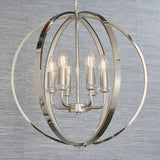 Cliffbury 6 Light Pendant in polished nickel with a spherical open metal frame, six candle-style bulbs on curved arms, hung against a grey textured background.