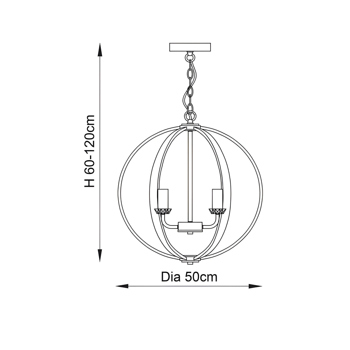 Line drawing of the Cliffbury 6 Light Pendant in nickel with an open-frame globe shade, candle-style arms, adjustable chain, and 50cm diameter.
