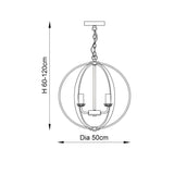 Line drawing of the Cliffbury 6 Light Pendant in nickel with an open-frame globe shade, candle-style arms, adjustable chain, and 50cm diameter.