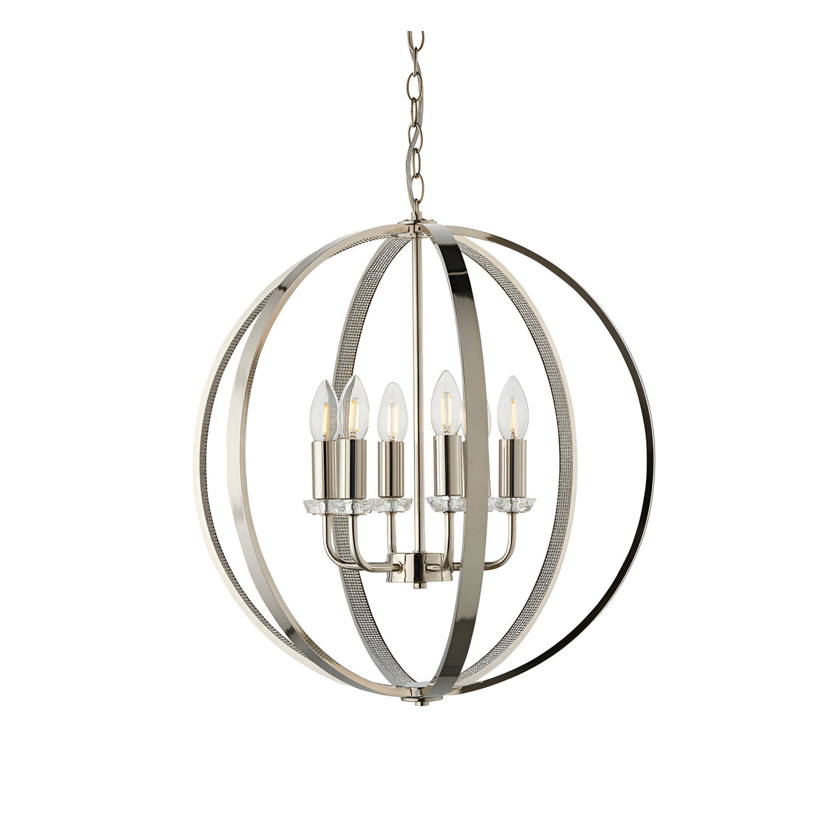 Cliffbury 6-light pendant in polished nickel with a spherical open frame, six candle-style bulbs on a central column, and a chain suspension.