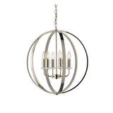 Cliffbury 6-light pendant in polished nickel with a spherical open frame, six candle-style bulbs on a central column, and a chain suspension.