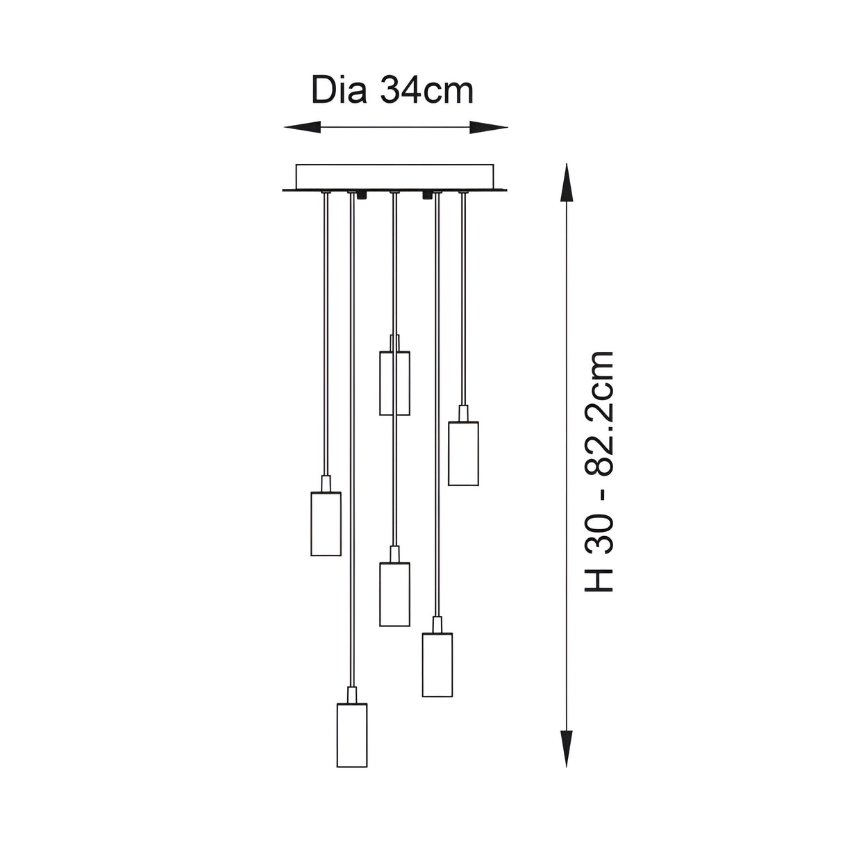 Technical line drawing of the Marlowe 6 Light Pendant in matt black, showing a 34cm ceiling plate with six staggered flex drops, adjustable 30-82.2cm.