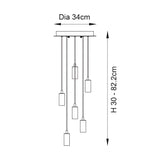 Technical line drawing of the Marlowe 6 Light Pendant in matt black, showing a 34cm ceiling plate with six staggered flex drops, adjustable 30-82.2cm.