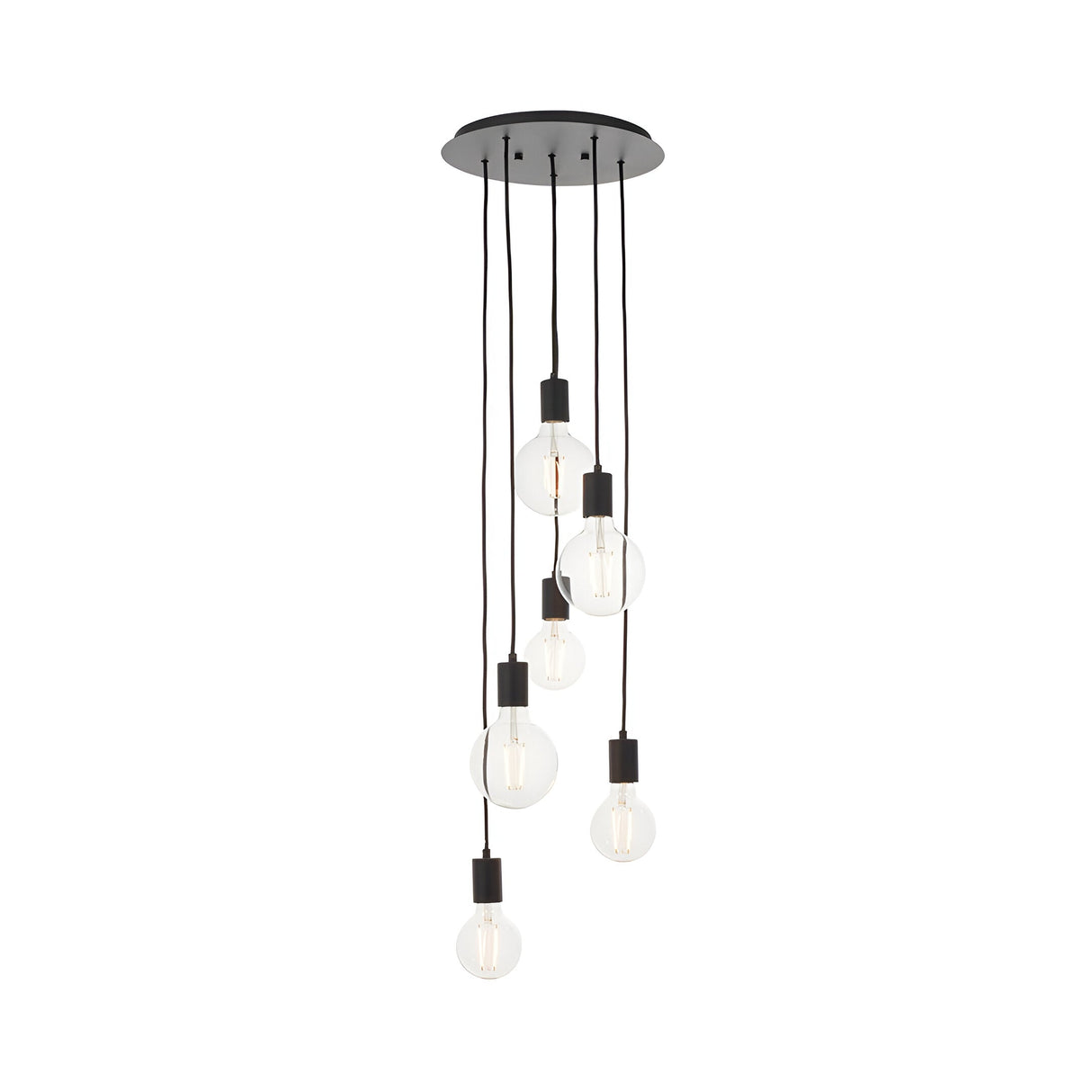 Marlowe 6 Light Pendant in matt black metal, round ceiling plate with six staggered black flex drops and exposed clear bulbs, shown on a white background.
