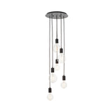 Marlowe 6 Light Pendant in matt black metal, round ceiling plate with six staggered black flex drops and exposed clear bulbs, shown on a white background.