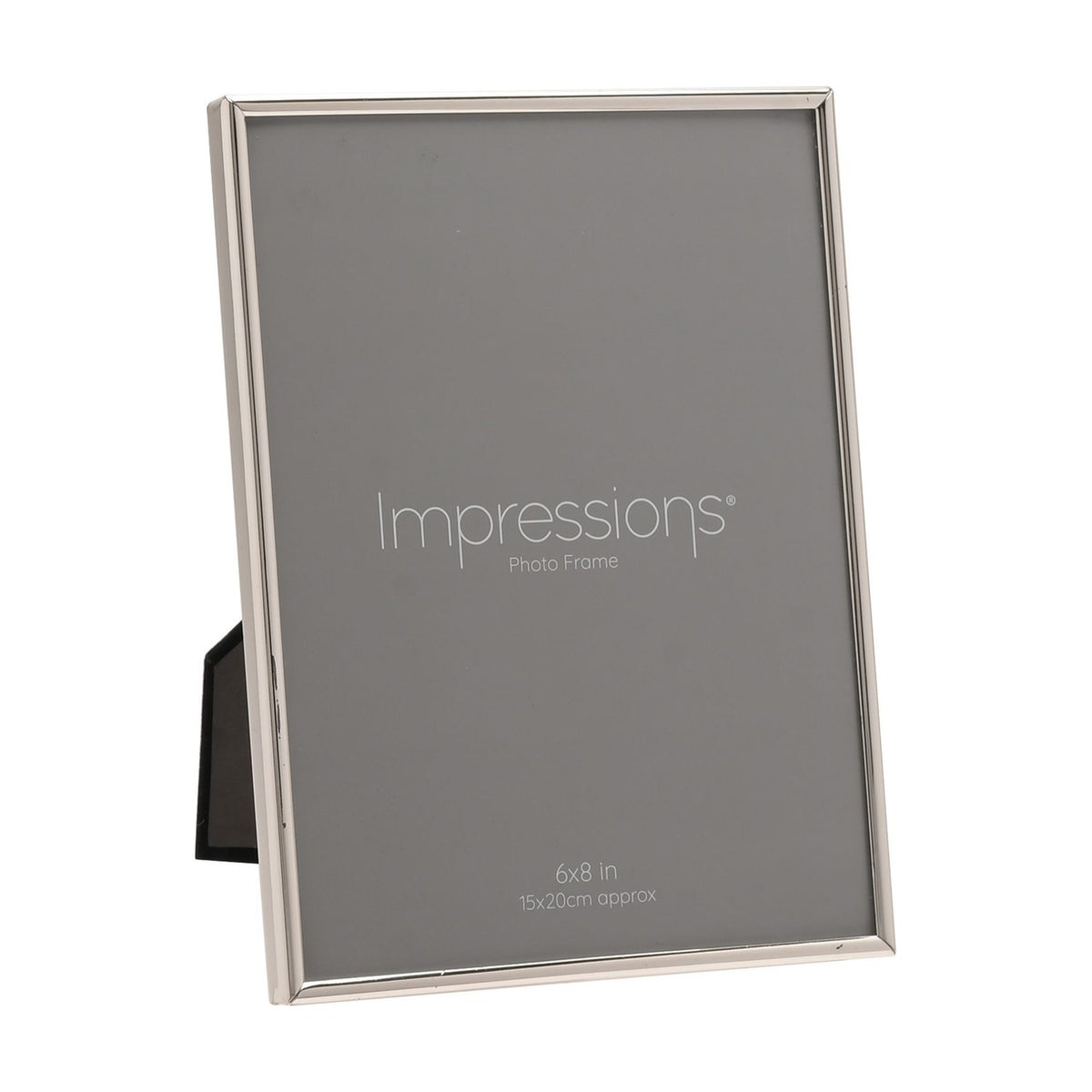 Rectangular photo frame with a thin silverplated metal edge, holding an 8 x 6in grey insert reading "Impressions Photo Frame", shown on a plain white background.