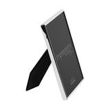 Rectangular photo frame with a thin silverplated edge, shown at an angle with its back stand open, holding an 8 x 6in sample insert, on a plain white background.