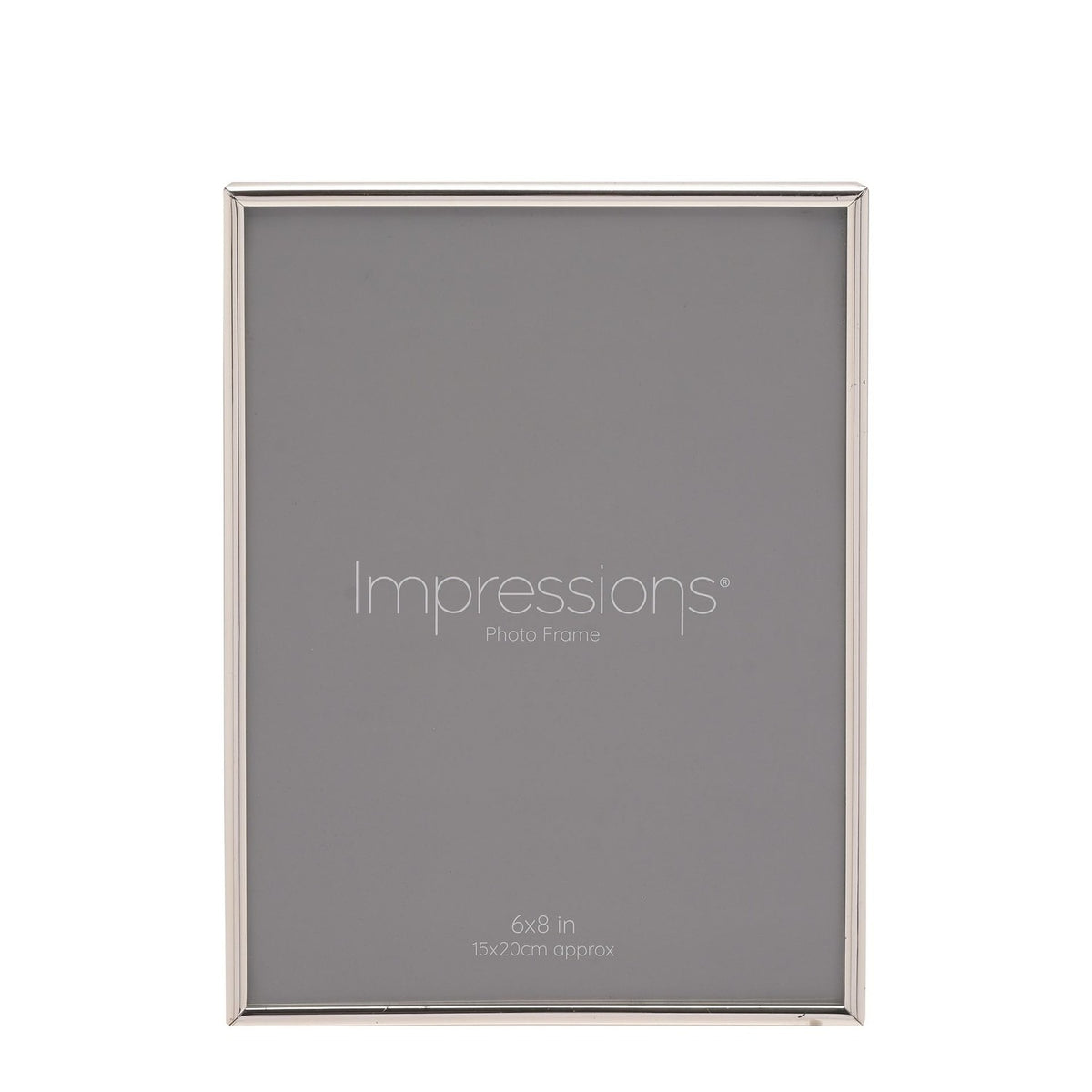 Rectangular photo frame with a thin silverplated metal edge, holding an 8 x 6in print, shown upright on a plain white background.