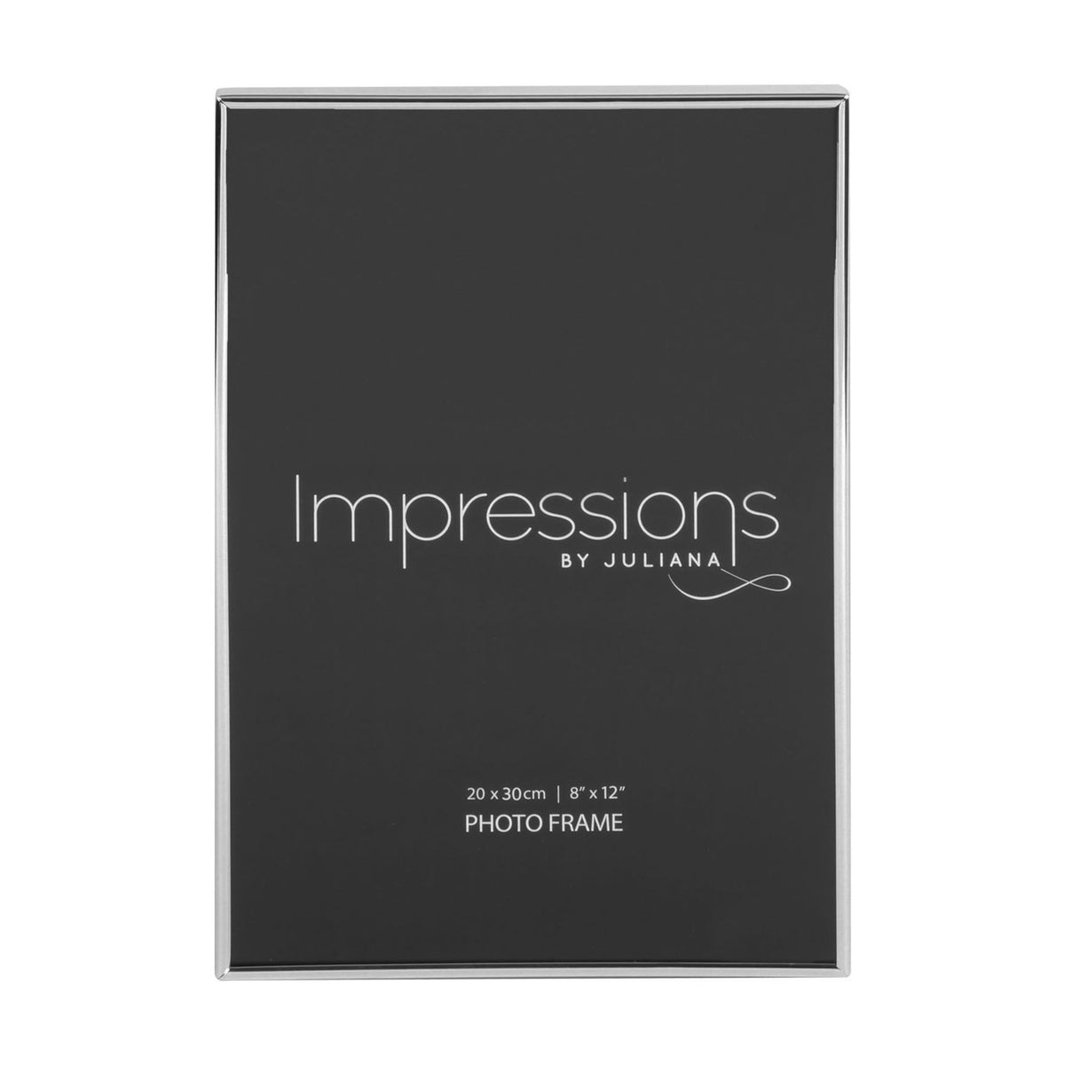 Thin oblong silverplated metal photo frame with a narrow rectangular border, holding a 12 x 8in print, shown on a plain white background.