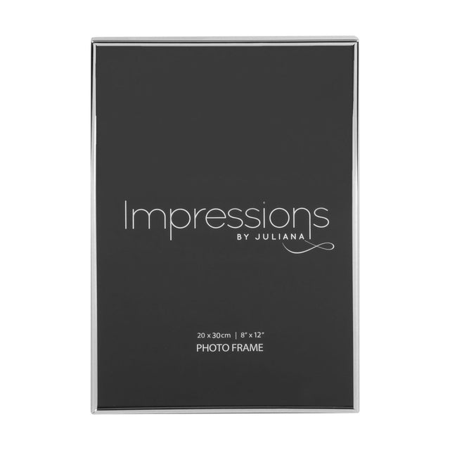 Thin oblong silverplated metal photo frame with a narrow rectangular border, holding a 12 x 8in print, shown on a plain white background.
