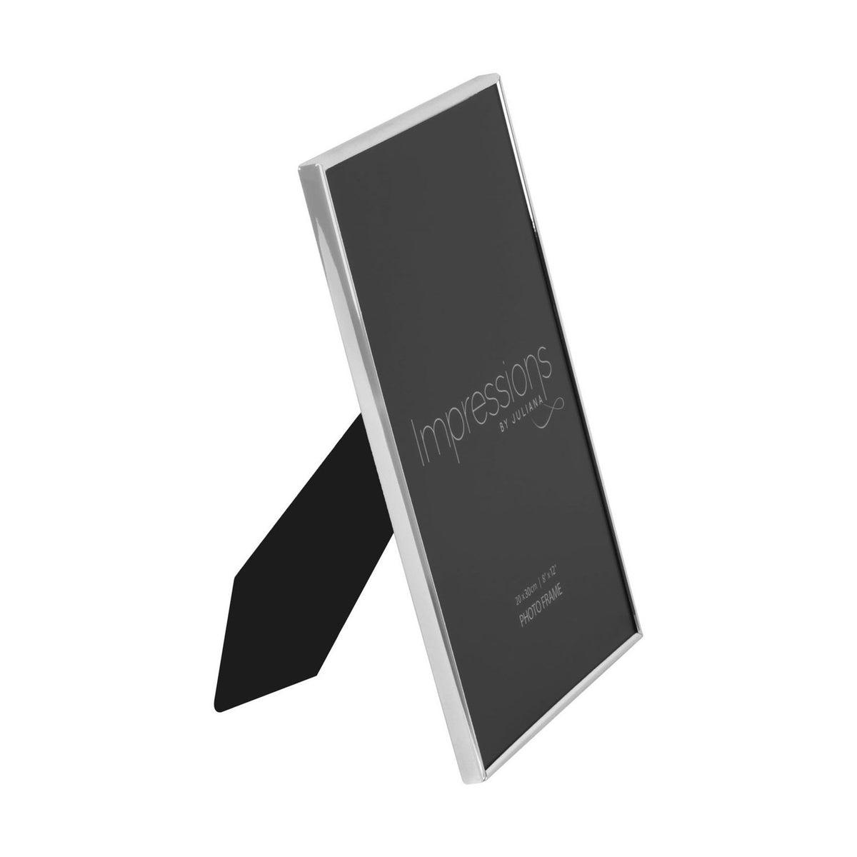 Thin oblong silverplated metal photo frame for a 12 x 8in print, shown at an angle with a slim border and rear easel stand against a plain white background.