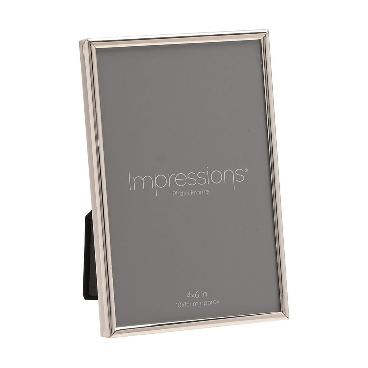Thin oblong photo frame in silver-plated metal with slim rounded edge, holding a 4x6in print, shown upright on a plain white background.