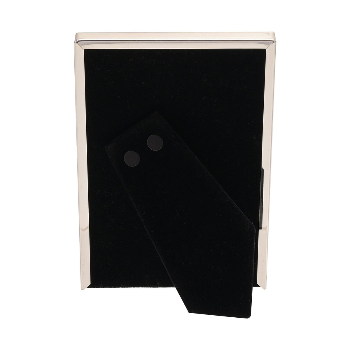 Rear view of the Thin Oblong Silverplated Metal Photo Frame 6 x 4in, showing black velvet backing with an adjustable easel stand, on a plain white background.