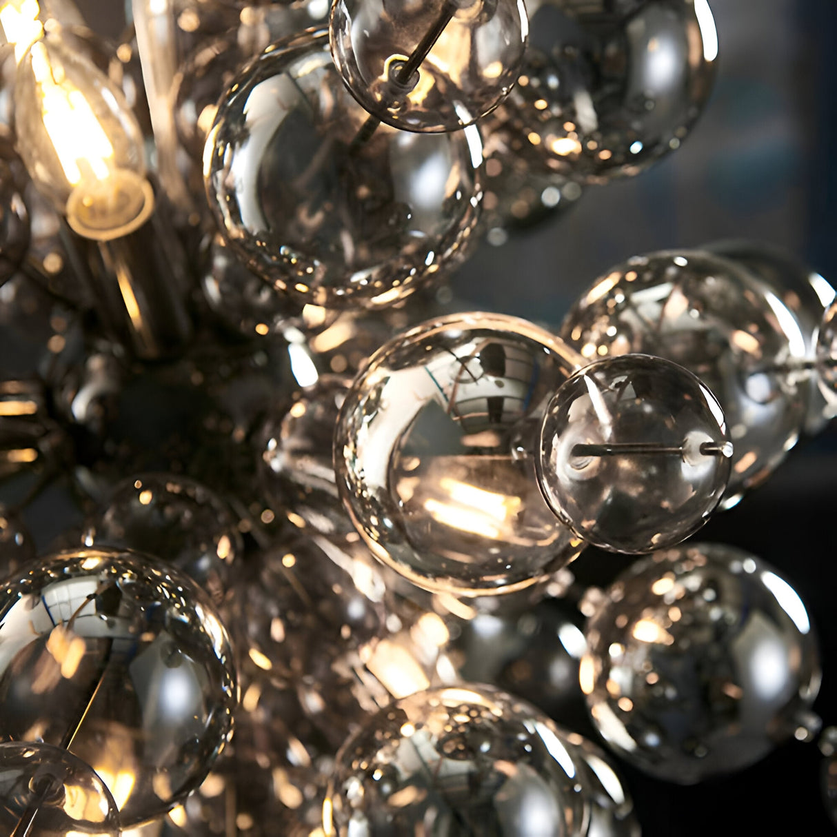 Brockford 9 Light Cluster Pendant in black, close-up of clustered smoked mirror and tinted glass spheres on plated metal fittings with visible E14 bulbs.