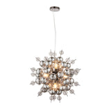 Brockford 9-light cluster pendant in black with smoked mirror and tinted glass spheres on chrome metalwork, shown lit against a white background.