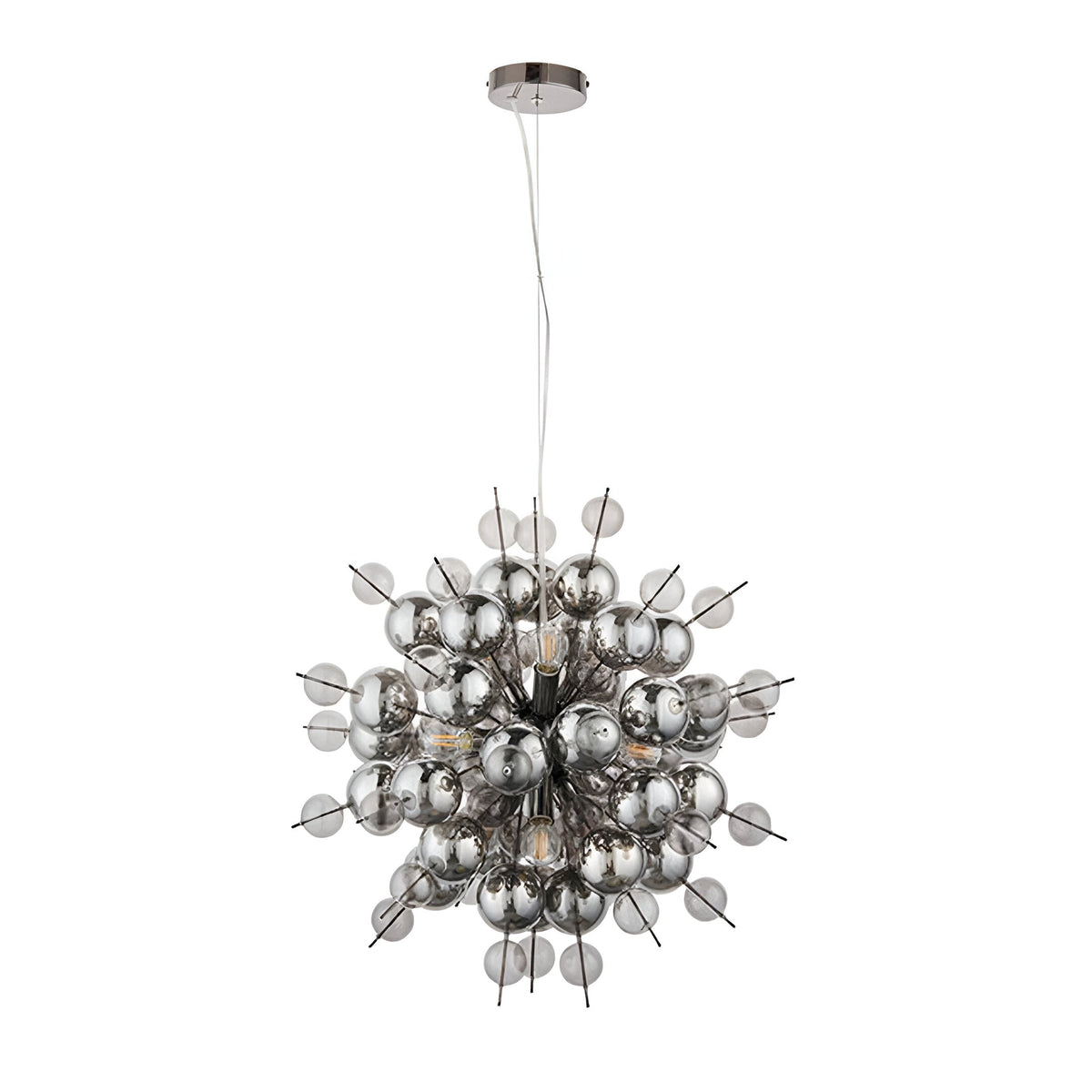 Brockford 9 Light Cluster Pendant in Black, a sputnik-style fixture with smoked mirror and tinted glass spheres on black metal spokes, adjustable cord.