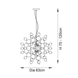 Line drawing of the Brockford 9 Light Cluster Pendant in black, showing clustered glass spheres, adjustable rod, and dimensions: 63cm diameter, 70-120cm height.