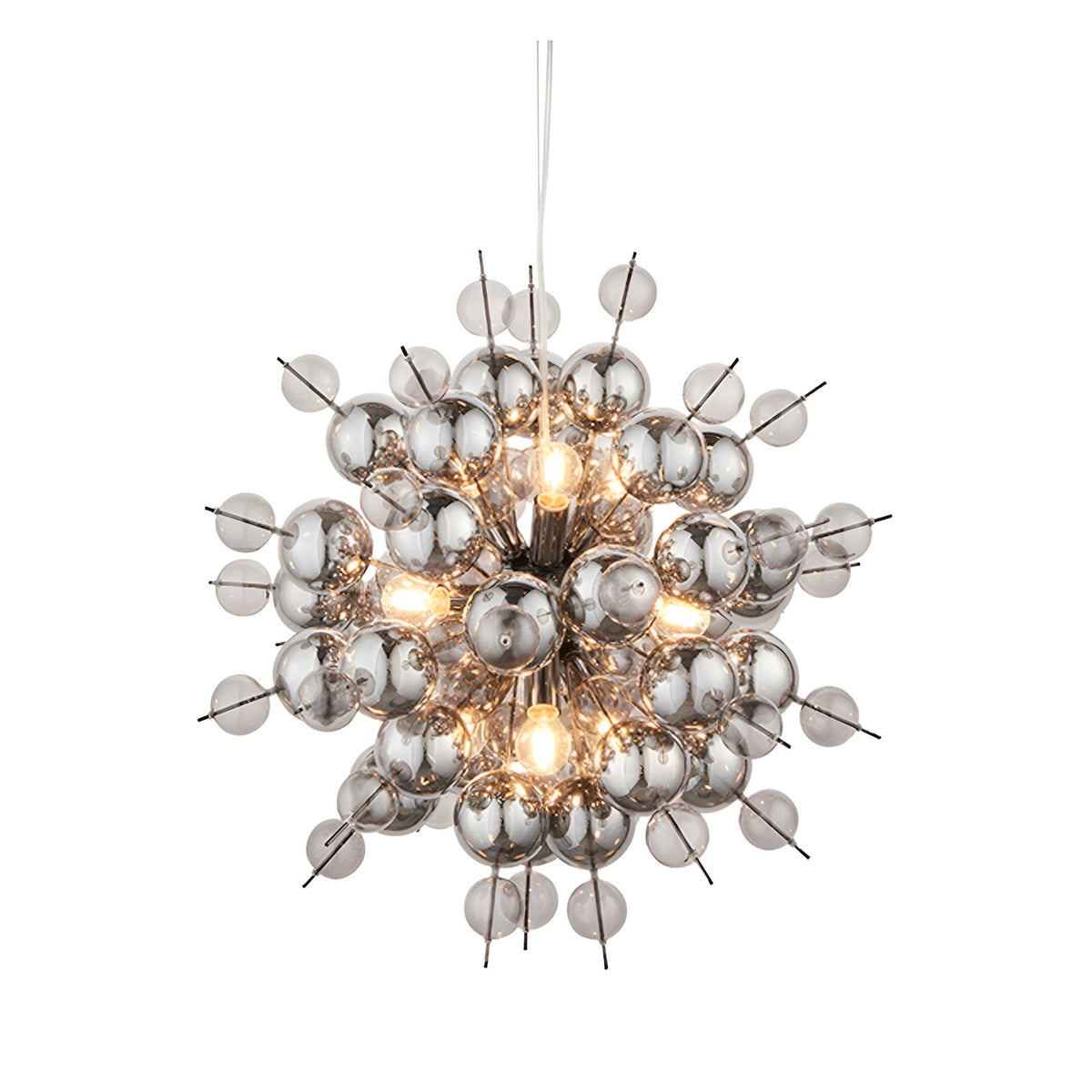 Brockford 9 Light Cluster Pendant in black, with smoked mirror and tinted glass spheres on metal spokes, illuminated bulbs visible, on a plain white background.