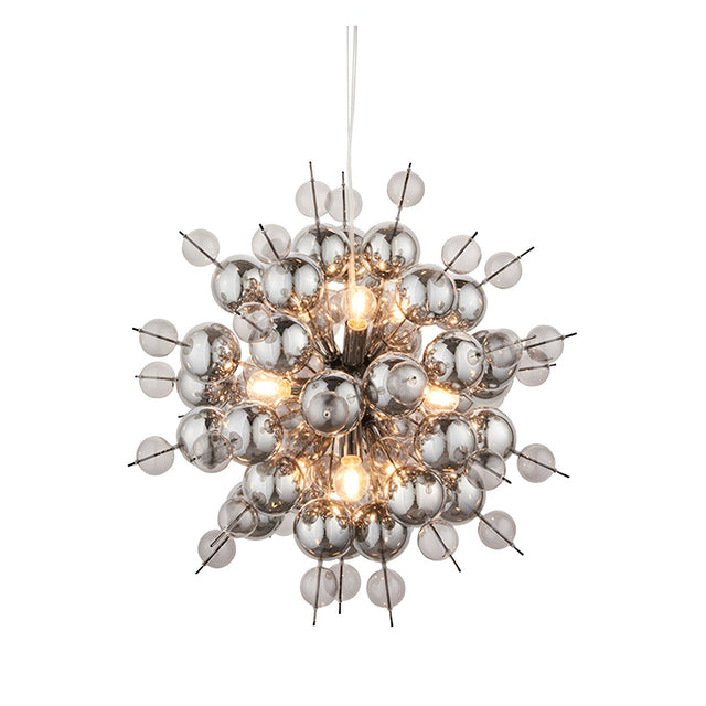 Brockford 9 Light Cluster Pendant in black, with smoked mirror and tinted glass spheres on metal spokes, illuminated bulbs visible, on a plain white background.