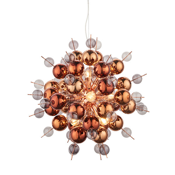 Endon Brockford 9 light cluster pendant with copper and smoked tinted glass spheres on plated metalwork, shown against a plain white background.