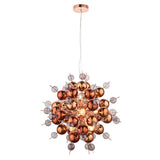 Endon Brockford 9 light cluster pendant with copper and tinted glass spheres on a plated metal frame, suspended from a copper ceiling rose.