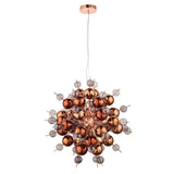Endon Brockford 9 Light Cluster Pendant in copper, with smoked mirror and tinted glass spheres on plated metalwork, shown on a white background.