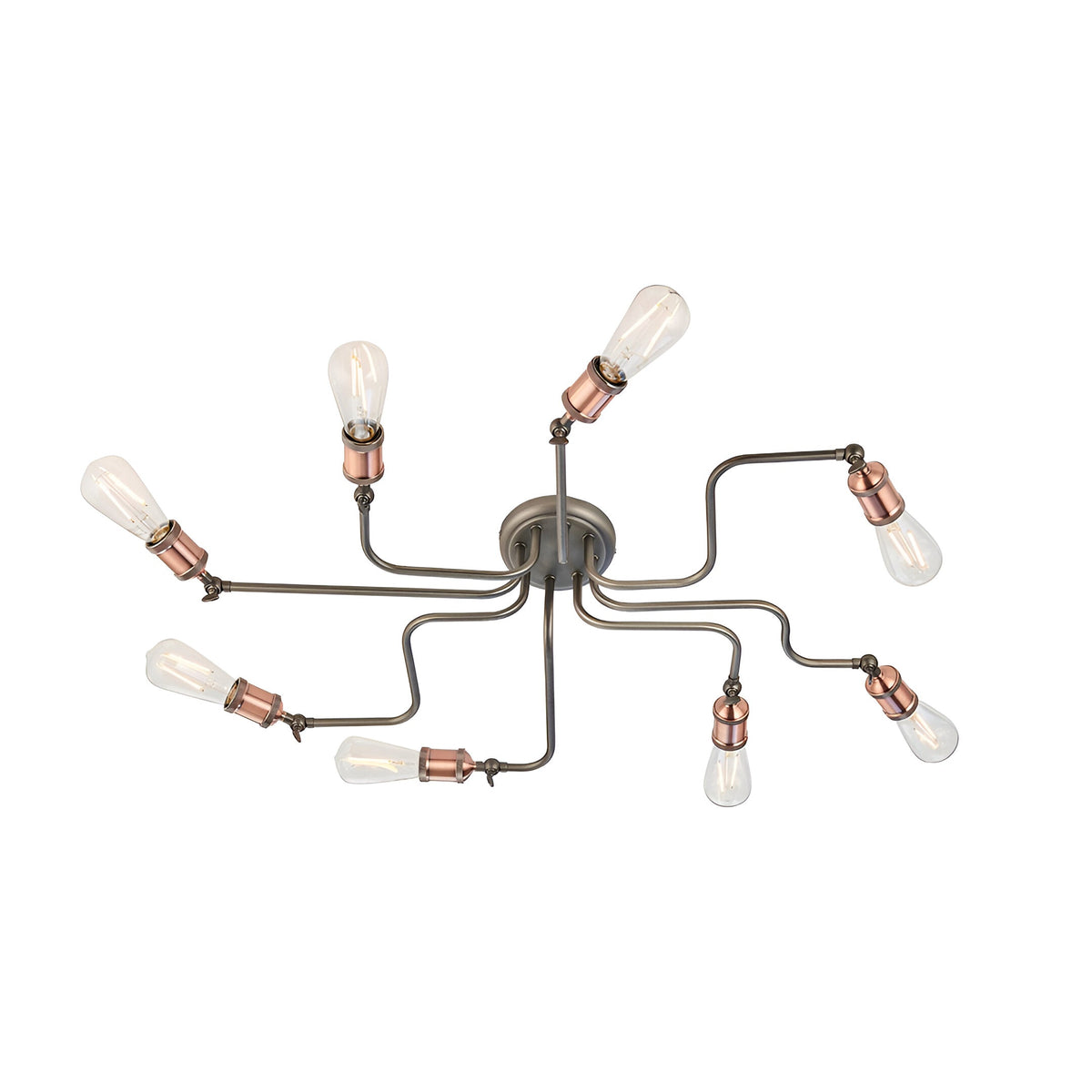 Brackley 8-light semi-flush ceiling light in pewter metal with copper-tone fittings, eight spider-style arms holding exposed E27 bulbs.