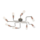 Brackley 8-light semi-flush ceiling light in pewter metal with copper-tone fittings, eight spider-style arms holding exposed E27 bulbs.