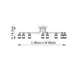 Technical line drawing of the Brackley 8 Light Semi-Flush Ceiling Light in pewter, showing eight metal arms with E27 fittings, H 14.3cm x L 95cm x W 68cm.