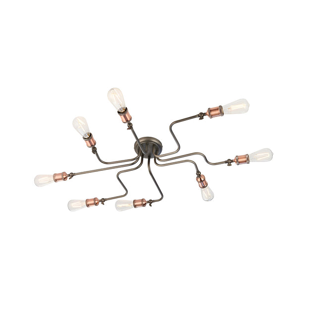 Brackley 8-light semi-flush ceiling light in pewter metal with eight arms, copper-toned E27 bulb holders and clear bulbs, on a white background.