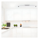 Brencombe 2 Light Medium Linear Ceiling Light in polished chrome and white, mounted on a white kitchen ceiling above light cabinetry.