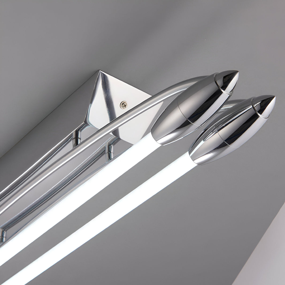 Brencombe 2 Light Small Linear Ceiling Light in polished chrome with white diffuser tubes and torpedo-style end caps, angled close-up.