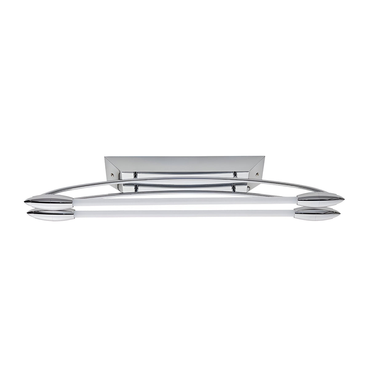 Brencombe 2 Light Small Linear Ceiling Light in polished chrome with two white diffusers on curved arms, shown against a plain white background.