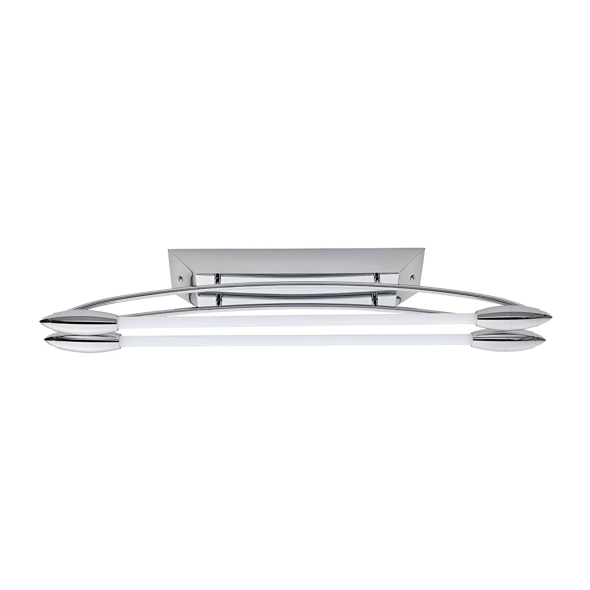 Brencombe 2-Light Small Linear Ceiling Light in polished chrome with curved bars, white diffuser tubes, and pointed end caps.