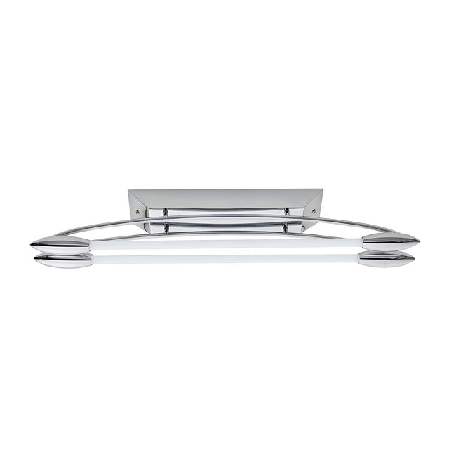 Brencombe 2-Light Small Linear Ceiling Light in polished chrome with curved bars, white diffuser tubes, and pointed end caps.