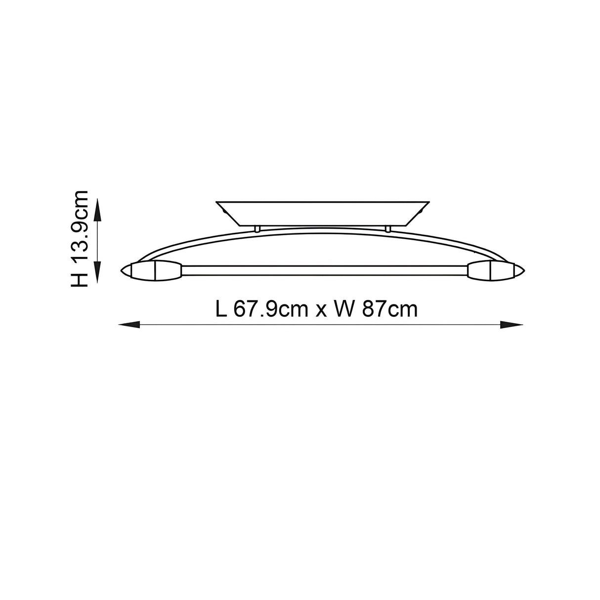 Line drawing of the Brencombe 2 Light Small Linear Ceiling Light in chrome and white, showing dimensions H 13.9cm, L 67.9cm x W 87cm.