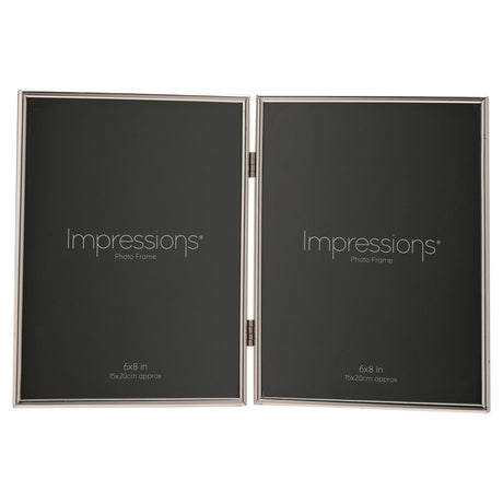 Hinged double photo frame in silverplated metal with two rectangular 8 x 6in portrait apertures joined by small hinges, shown on a plain white background.