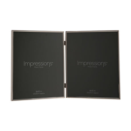 Silverplated hinged double photo frame with two rectangular 10 x 8in apertures joined by a centre hinge, slim silver metal border, shown open on a white background.