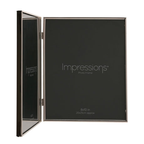 Silverplated hinged double photo frame opened book-style, two rectangular 10 x 8in apertures with slim silver borders, shown on a plain white background.
