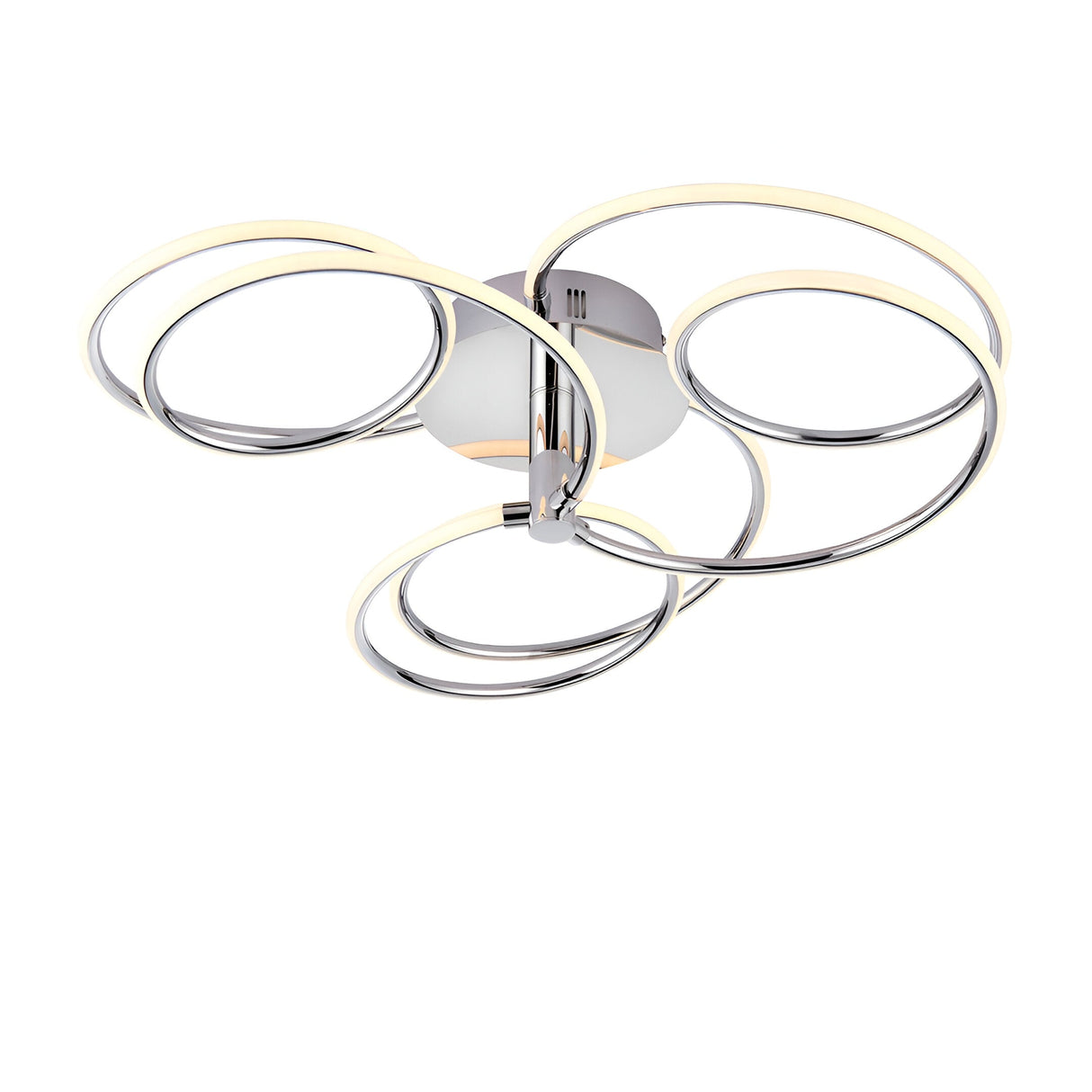 Endon Ravel LED semi-flush ceiling light in chrome, featuring four interlinked illuminated rings around a circular ceiling plate, on a white background.
