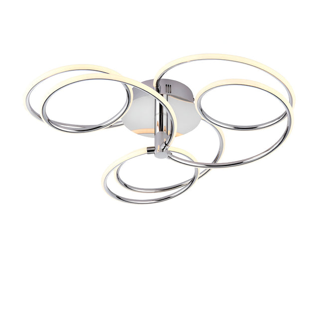 Endon Ravel LED semi-flush ceiling light in chrome, featuring four interlinked illuminated rings around a circular ceiling plate, on a white background.