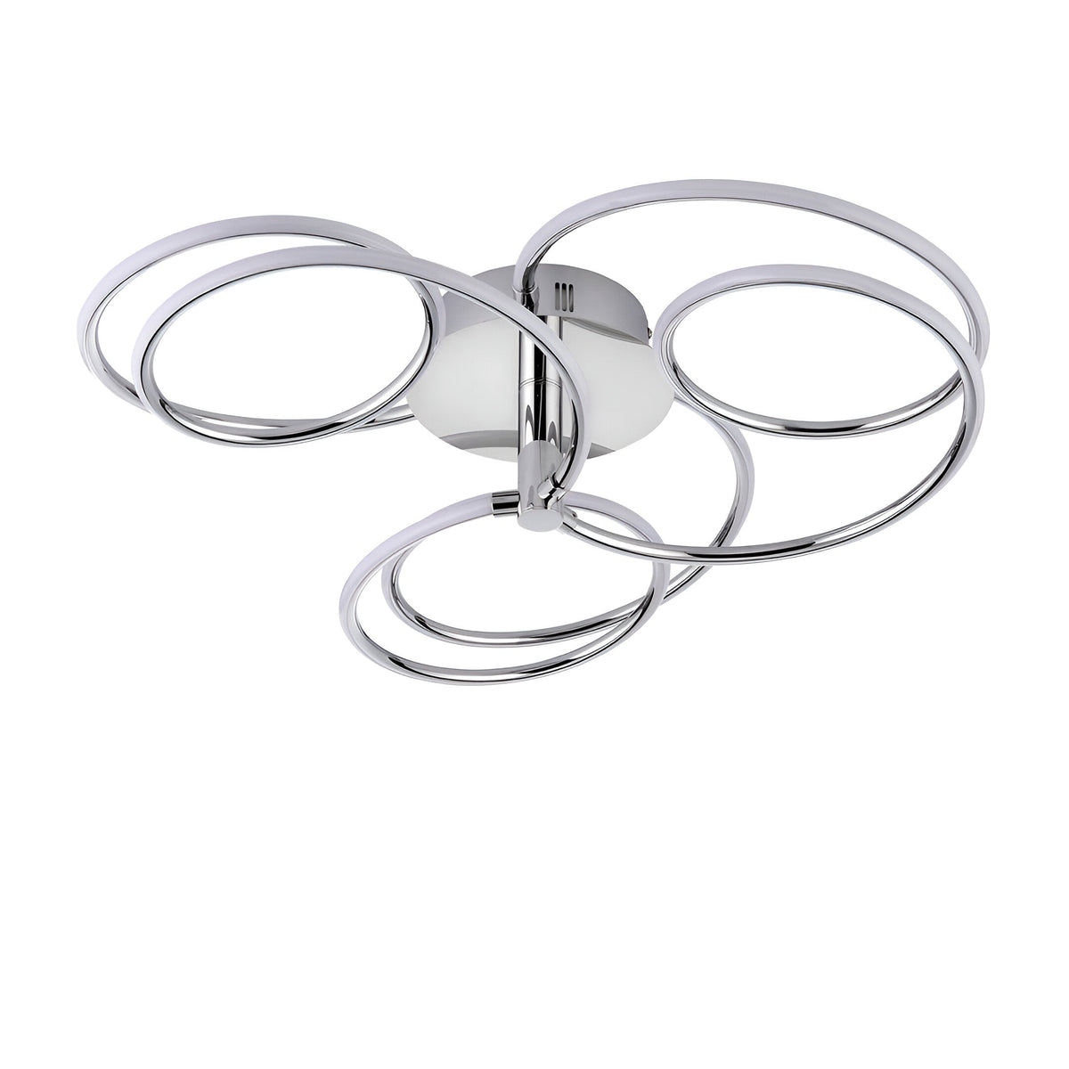 Endon Ravel semi-flush ceiling light in chrome with four interlocking LED hoops around a central round mount, shown on a plain white background.