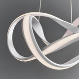 Endon Crancombe pendant light in matt sand white with a sculptural looped LED form and diffuser, suspended on clear wires against a grey background.