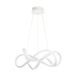 Endon Crancombe LED pendant light with a sculptural looped ribbon form in matt white, suspended on slim wires from a round white ceiling plate.