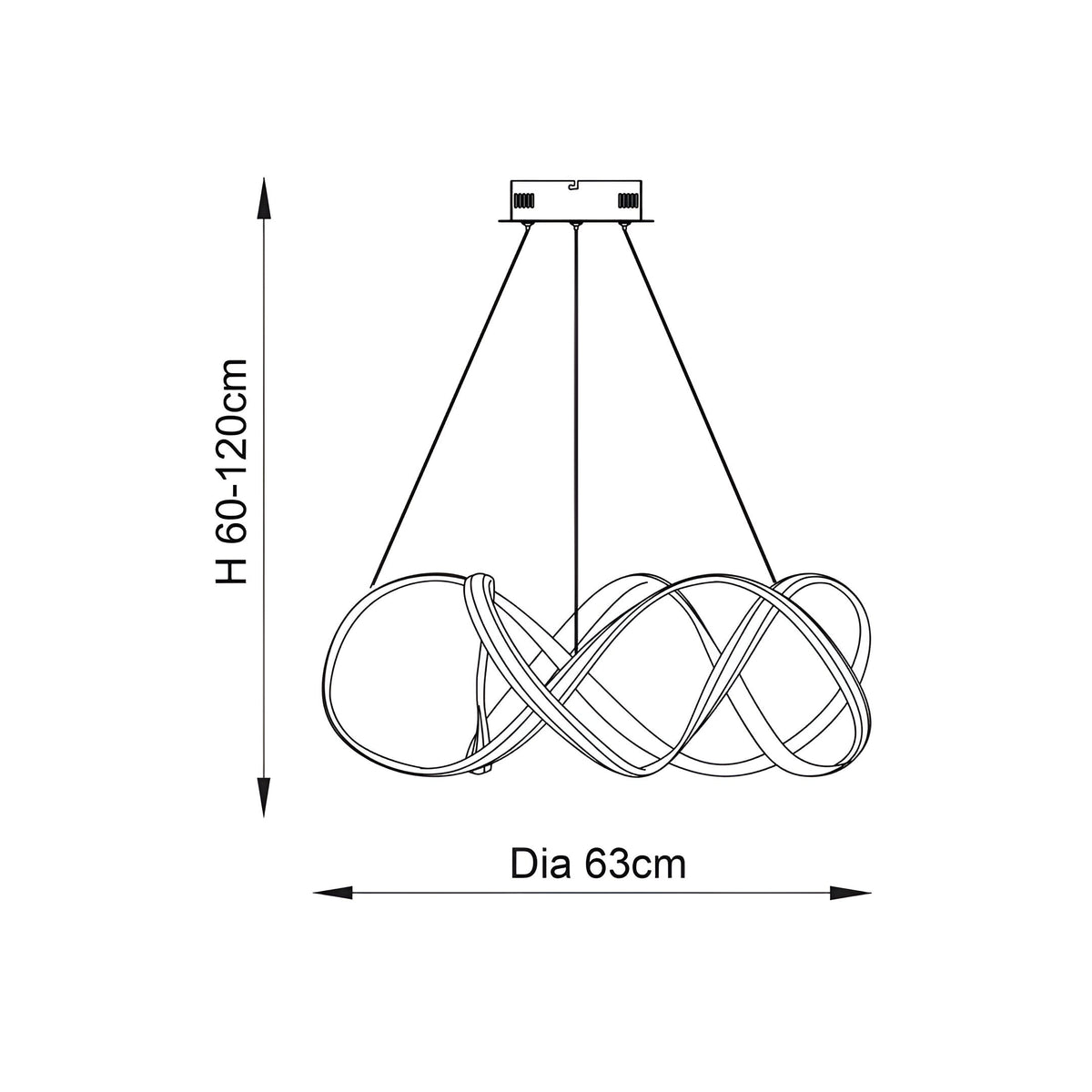 Dimension diagram of the Endon Crancombe pendant light showing a 63cm diameter sculptural form with adjustable 60-120cm drop on suspension wires.
