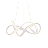 Endon Crancombe pendant light in matt sand white with a sculptural looping LED band suspended on clear wires against a plain white background.